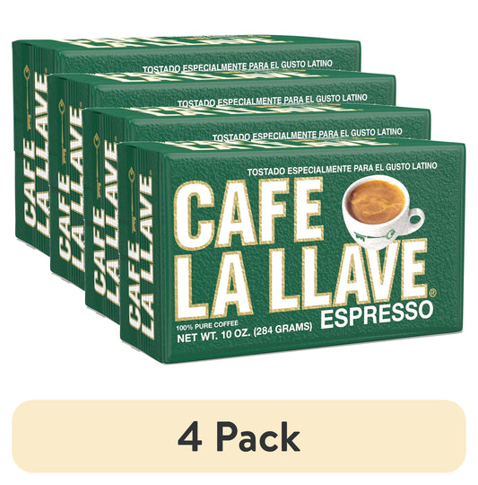 (4 pack) Cafe La Llave Dark Roast Ground Espresso Coffee, 10 oz Brick, Cuban-Style Blend