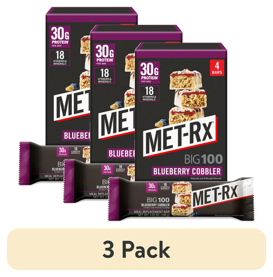 (3 pack) MET-Rx Big 100 High Protein Meal Replacement Bars, Blueberry Cobbler, 30g Protein, 3.52 oz, 4 Count