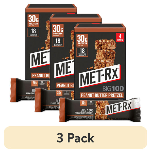 (3 pack) MET-Rx Big 100 High Protein Meal Replacement Bars, Peanut Butter Pretzel, 30g Protein, 3.52 oz, 4 Count