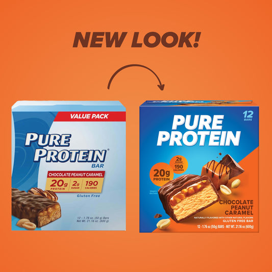 Pure Protein Bars, Chocolate Peanut Caramel, 20g Protein, Gluten Free, 1.76 Oz, 12 Count