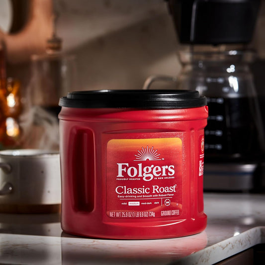 Folgers Classic Roast Medium Roast Ground Coffee 25.9 oz Canisters (6 Pack), Rich Smooth Flavor, Caffeinated Coffee