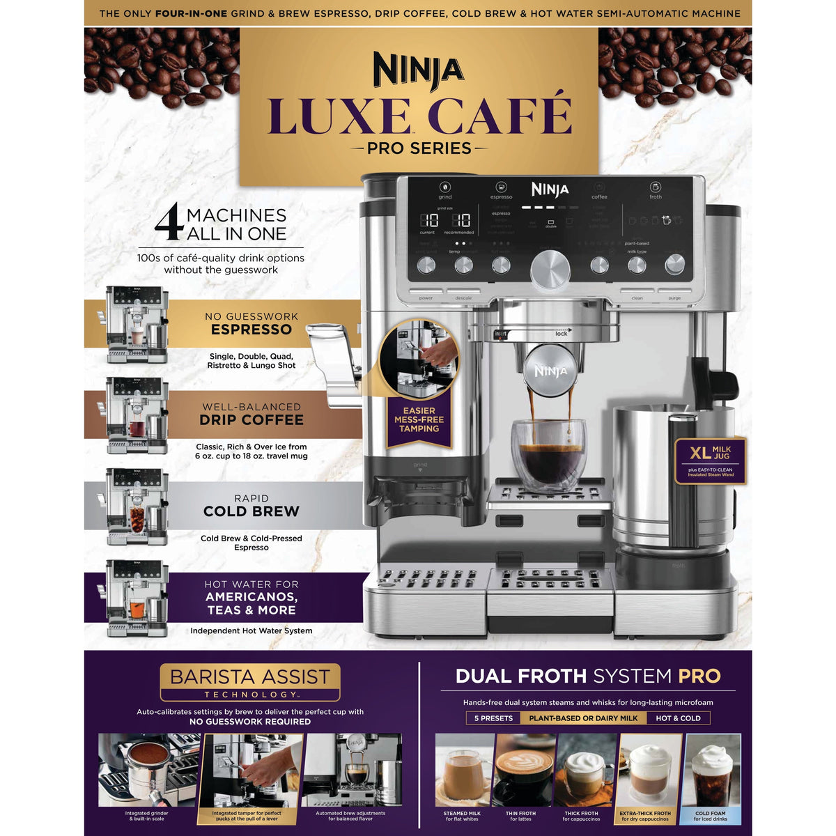 Ninja Luxe Café Pro Espresso Machine & Drip Coffee Maker, Cold Brew, Hot Water, Integrated Tamper, Built-in Grinder, Hands-Free Frother for Cappuccinos, Lattes, Americanos, Dairy or Non-Dairy, ES701