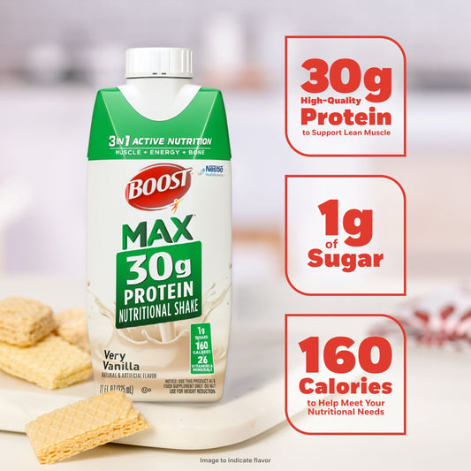 BOOST Max Protein Nutritional Shake, Very Vanilla, 30g Protein, 18 -11 FL OZ (325 mL) Cartons