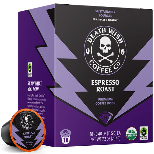 Death Wish Coffee Co., Organic and Fair Trade™, Single Serve Coffee Pods, Espresso Roast, 18 Count