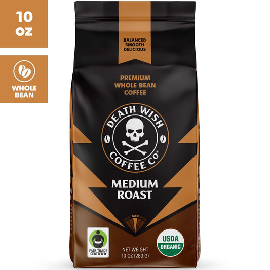 Death Wish Coffee, Organic and Fair Trade, Medium Roast, Whole Bean Coffee, 10 oz