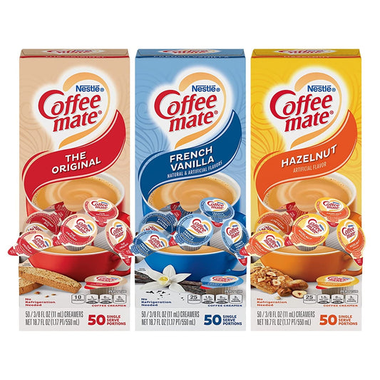 Nestle Coffee mate Creamer Singles Variety Pack, Original, French Vanilla, Hazelnut, Non Dairy, No Refrigeration, 150 Count (Pack