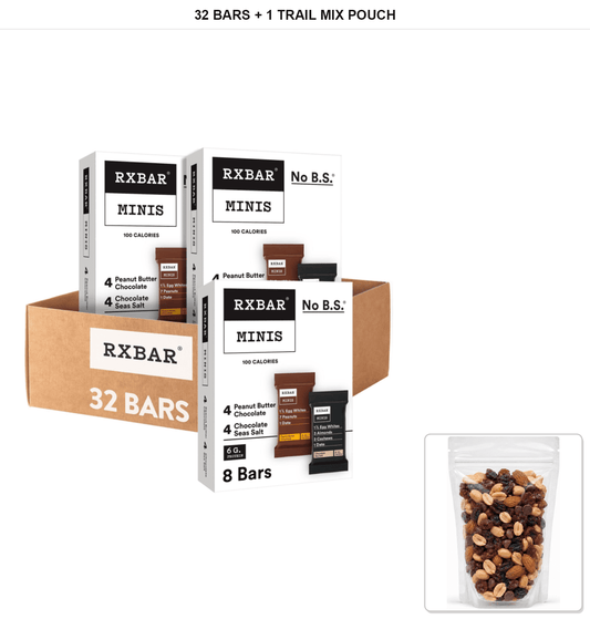 RXBAR Minis Protein Bar Variety Pack, Chocolate Sea Salt & Peanut Butter Chocolate, 4 Boxes, 32 Bars Total with 1 Bybies Trail Mix Pouch, 2 oz