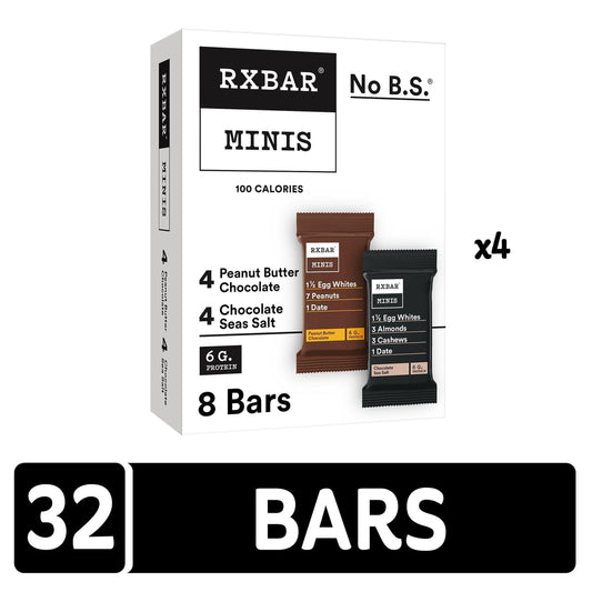 RXBAR Minis Protein Bar Variety Pack, Chocolate Sea Salt & Peanut Butter Chocolate, 4 Boxes, 32 Bars Total with 1 Bybies Trail Mix Pouch, 2 oz