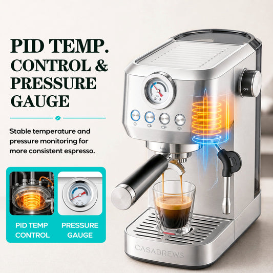 Casabrews 3700Gense Espresso Machine with 58mm Portafilter, PID Temperature Control, Pressure Gauge, 20-Bar Pump, Steam Wand & Stainless Steel Design