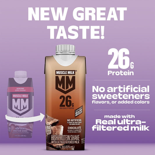 Muscle Milk 26g High Protein Shake, Chocolate, Ultra- Filtered Milk 11 fl oz, 12 pack