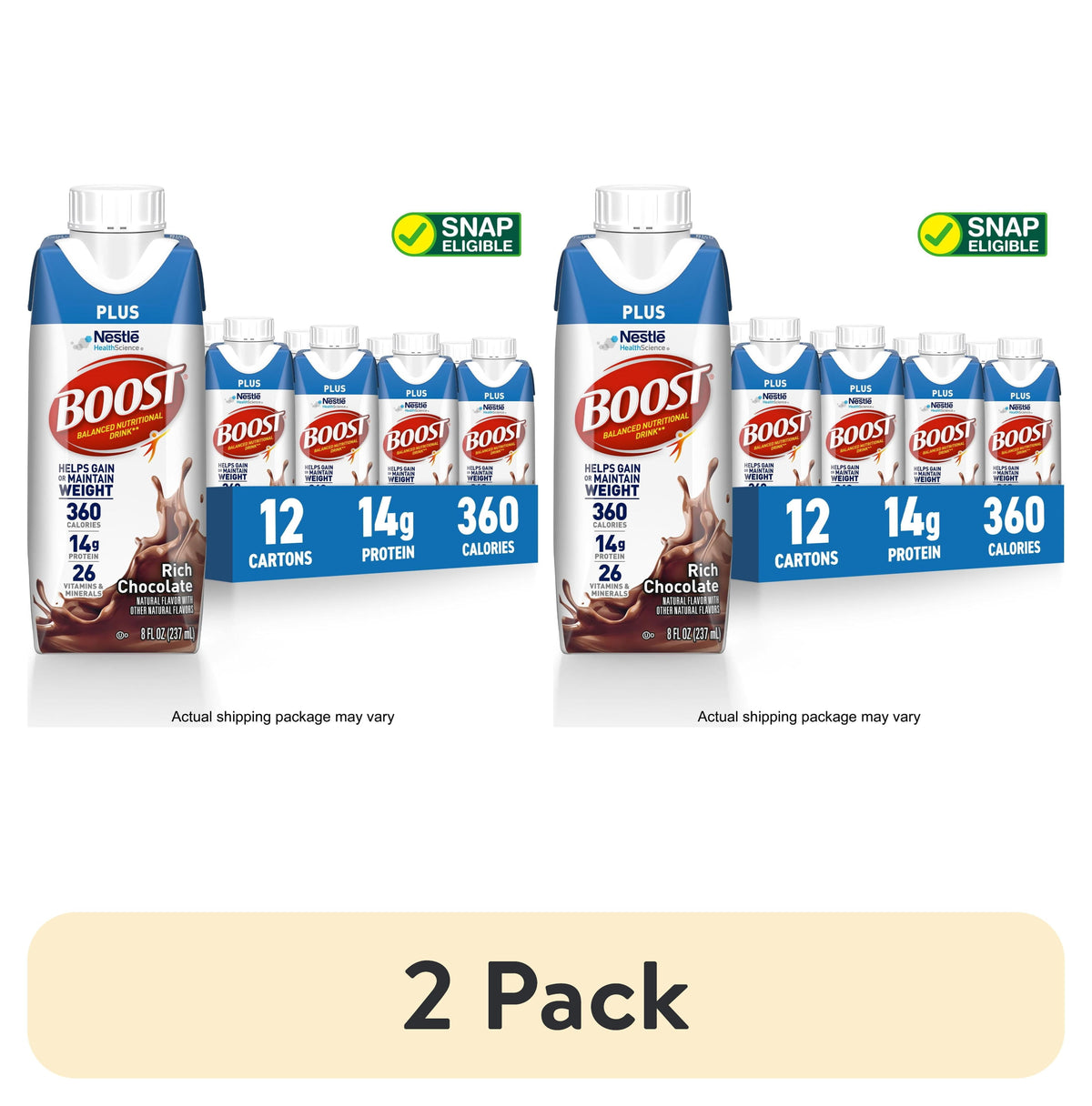 (2 pack) BOOST Plus Nutritional Drink Protein Shakes, Rich Chocolate, 8 fl oz, 12 Pack