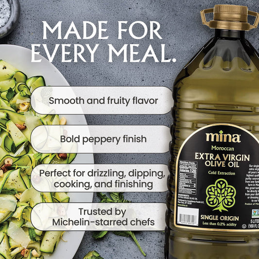 Mina Moroccan Extra Virgin Olive Oil, 169 fl oz, High Polyphenol Olive Oil, Single Origin Olive Oil