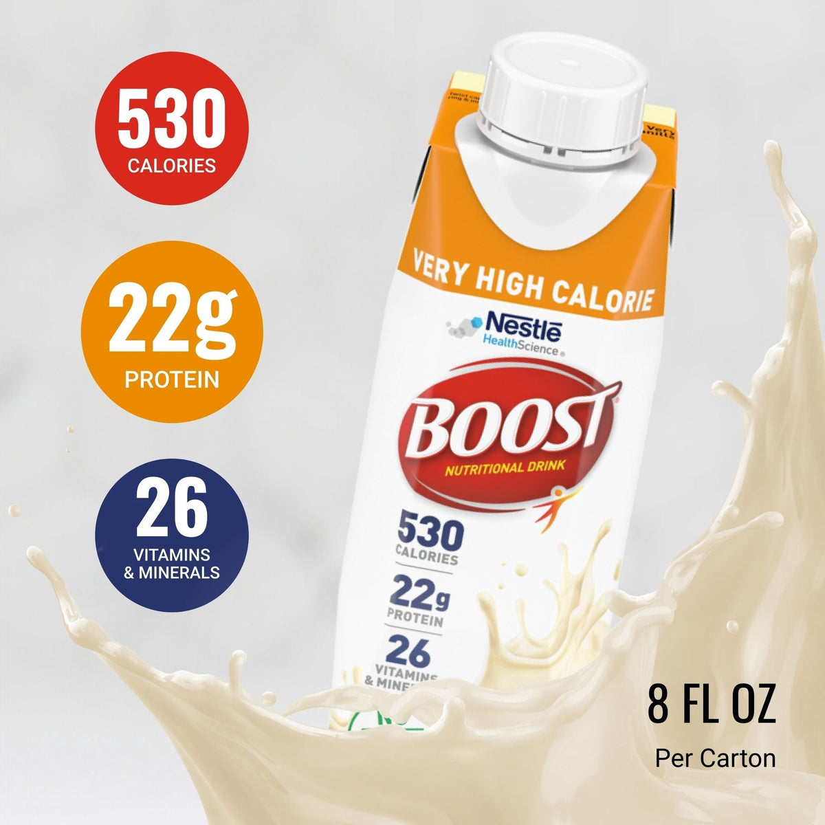 BOOST Very High Calorie Nutritional Protein Drink, Very Vanilla, 8 fl oz, Pack of 24