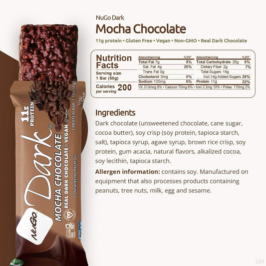 NuGo Dark Chocolate Mocha, 11g Protein, Vegan, Gluten Free, Kosher Pareve, 24 Count