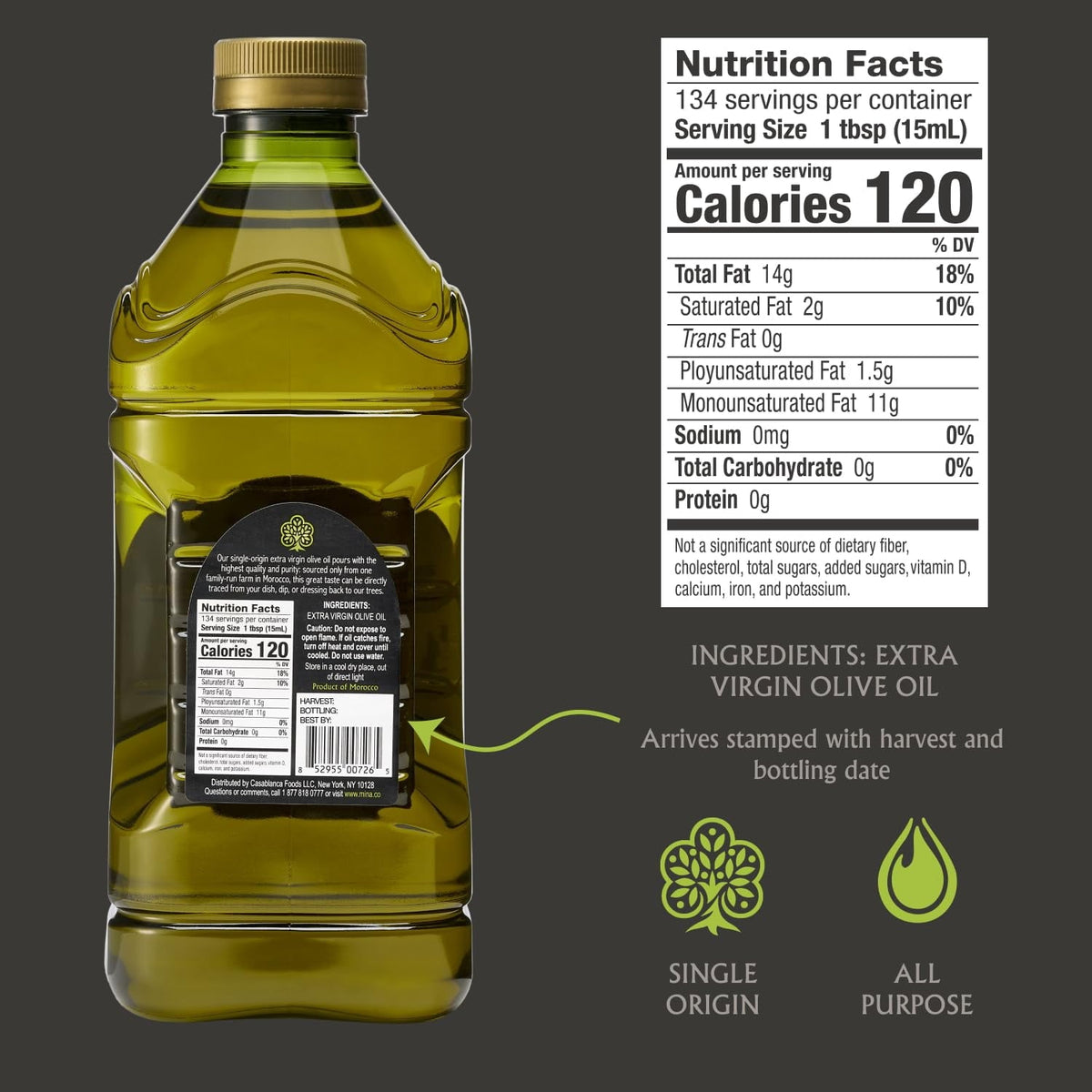 Mina Moroccan Olive Oil Extra Virgin, 68 fl oz, High Polyphenol Olive Oil, Single Origin Olive Oil