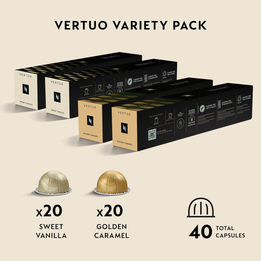 Nespresso Capsules Vertuo, Medium Roast Coffee, Variety Pack, Sweet Vanilla, Golden Caramel, 40- Count Coffee & Espresso Pods, Brews 7.77 oz