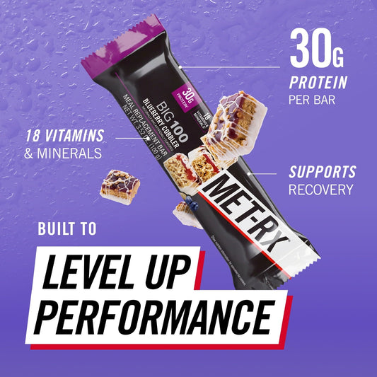 (3 pack) MET-Rx Big 100 High Protein Meal Replacement Bars, Blueberry Cobbler, 30g Protein, 3.52 oz, 4 Count