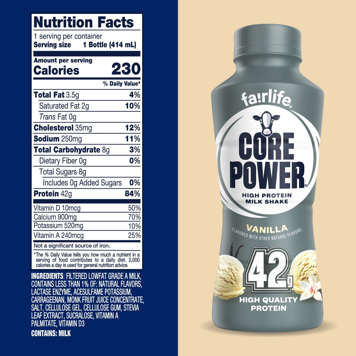 Core Power High Protein Shake, Vanilla, 42g Bottle, 14oz, 12 Pack