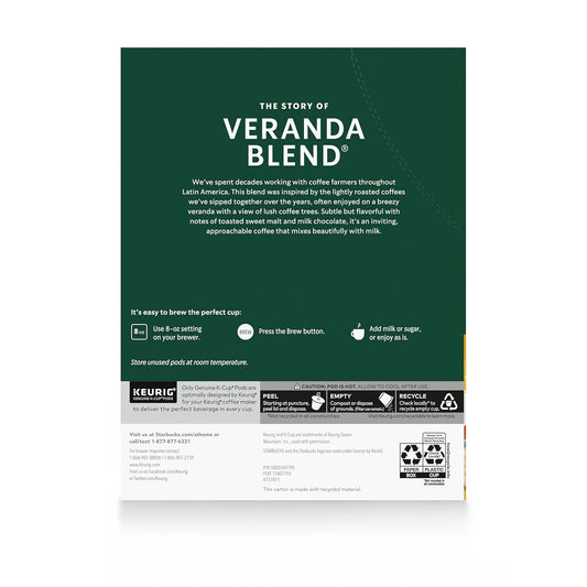 Starbucks Veranda Blend Blonde Roast K-Cup Coffee Pods 60 Count, Keurig Compatible, Arabica Coffee, Smooth Malt Flavor