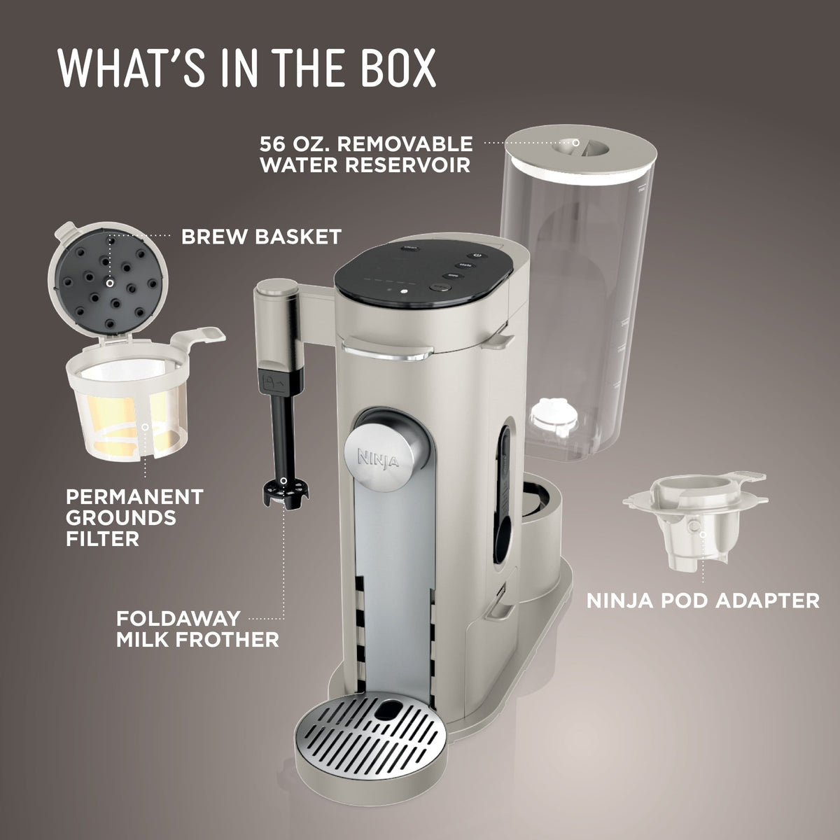Ninja Pods & Grounds Specialty Single-Serve Coffee Maker, K-Cup Pod Compatible, Built-In Milk Frother, PB051ST, Stone