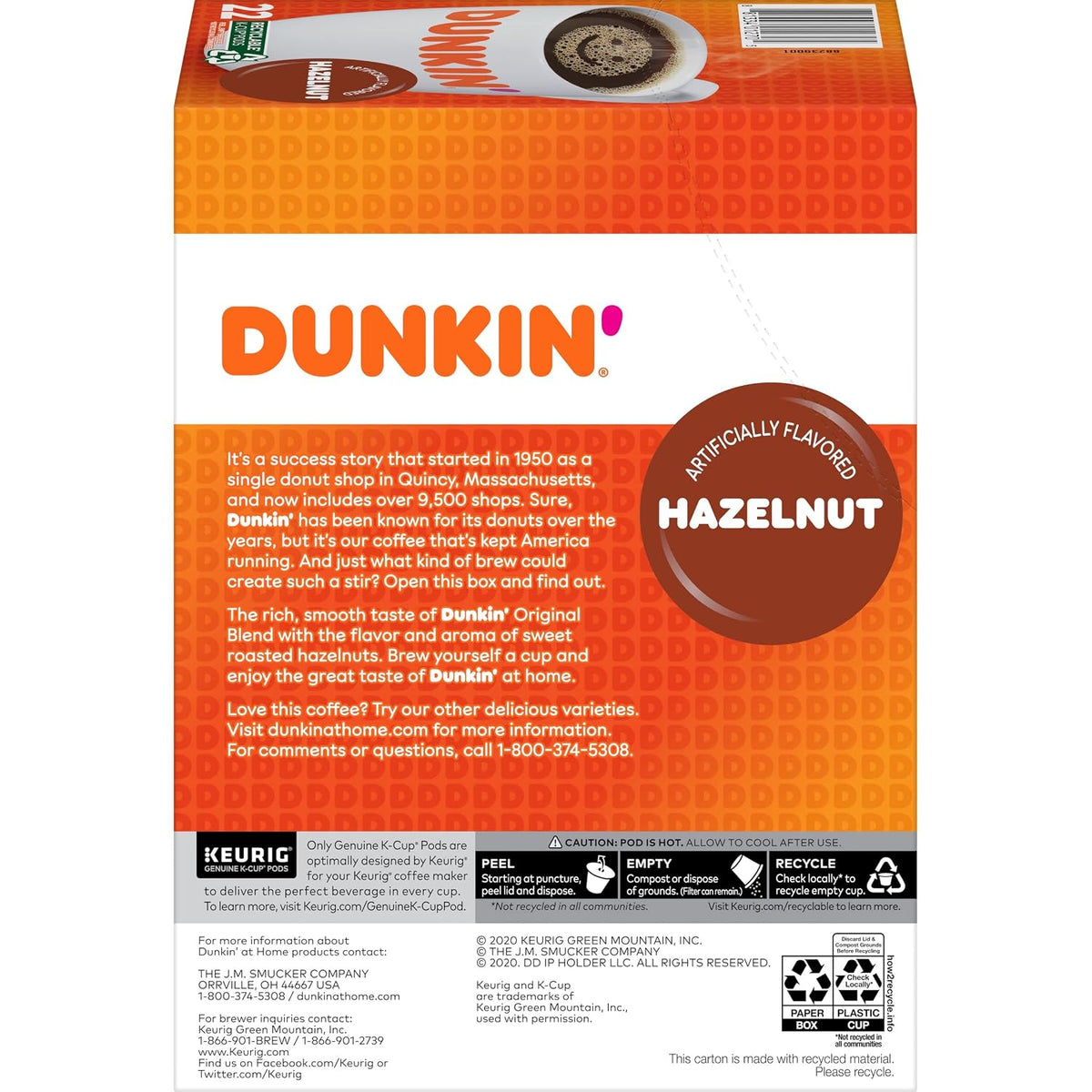 Dunkin' Hazelnut Flavored Medium Roast K-Cup Coffee Pods 88 Count, Keurig Compatible, Arabica Coffee, Smooth Nutty Flavor