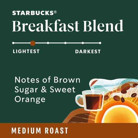 Starbucks Breakfast Blend Medium Roast K-Cup Coffee Pods 60 Count, Keurig Compatible, Arabica Coffee, Smooth Citrus Notes