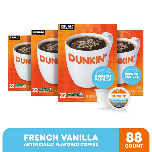 Dunkin' French Vanilla Medium Roast K-Cup Coffee Pods 88 Count, Keurig Compatible, Arabica Coffee, Smooth Vanilla Flavor