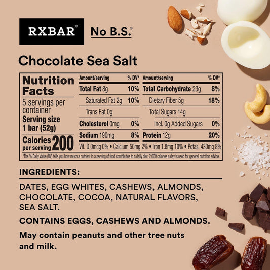 RXBAR Chocolate Sea Salt Protein Bars, 6 Boxes, 30 Bars Total with 1 Bybies Trail Mix Pouch, 2 oz