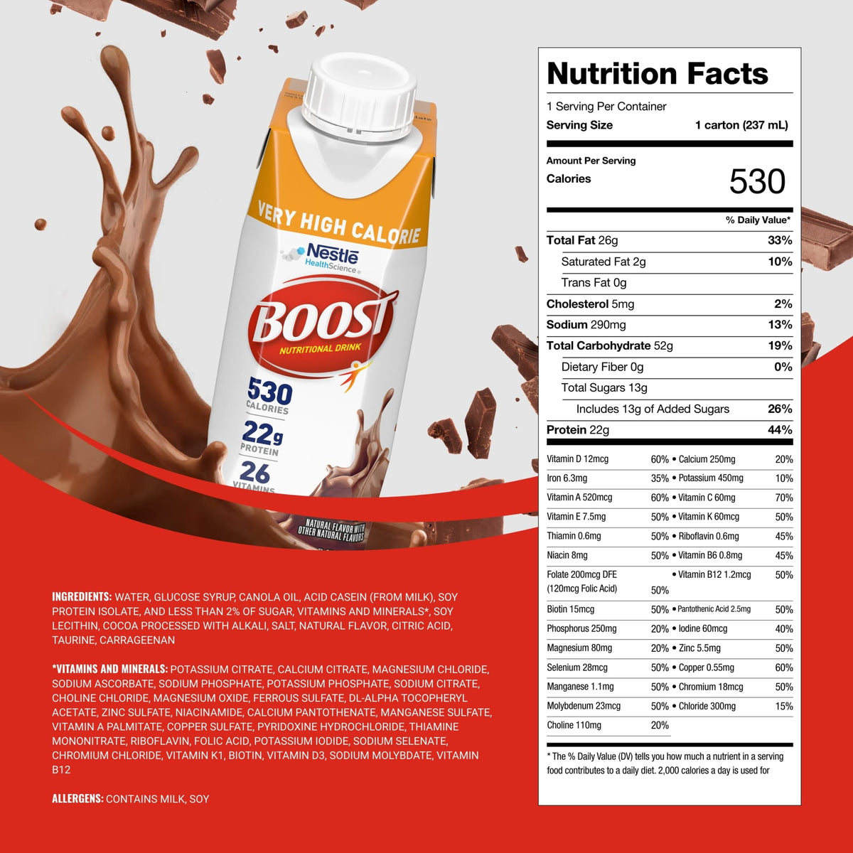 BOOST Very High Calorie Nutritional Drink, Chocolate, 8 fl oz (Pack of 24)