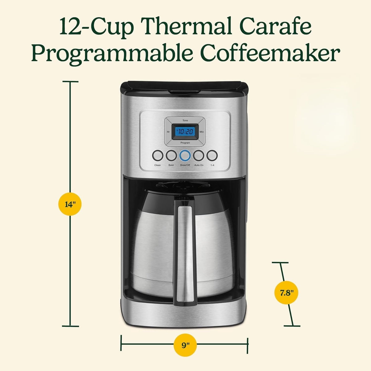12-Cup Programmable Coffee Maker with Thermal Carafe, 1-4 Cup Setting, Brew Strength Control and Brew Pause, Stainless Steel, Silver