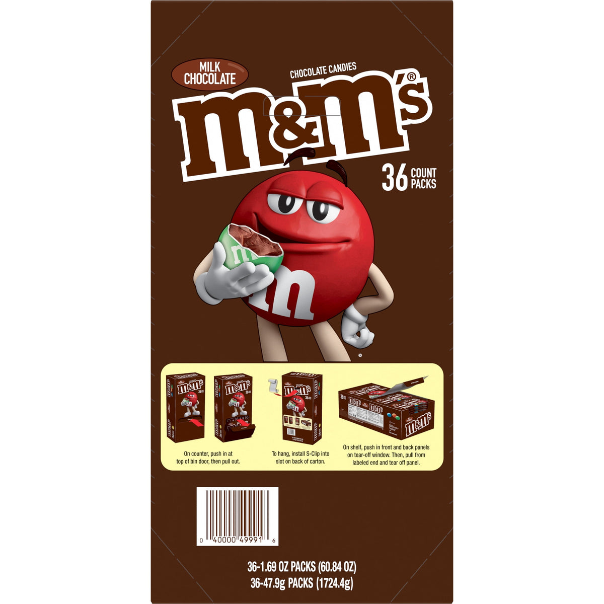 M&M's Milk Chocolate Candy, 1.69 Oz, 36 Count