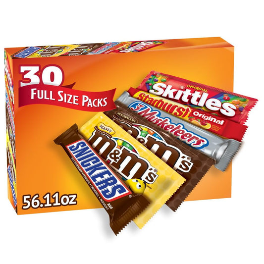 MARS M&M'S, SNICKERS, 3 MUSKETEERS, SKITTLES & STARBURST Variety Pack Full Size Bulk Candy Assortment, 56.11 oz, 30 Bars
