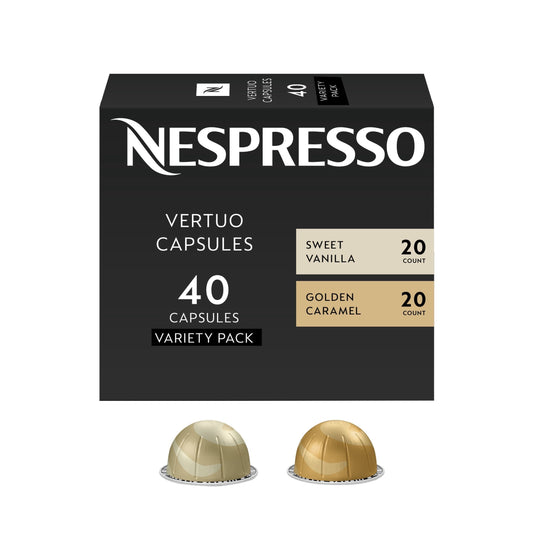 Nespresso Capsules Vertuo, Medium Roast Coffee, Variety Pack, Sweet Vanilla, Golden Caramel, 40- Count Coffee & Espresso Pods, Brews 7.77 oz