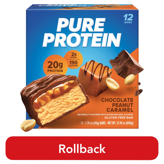 Pure Protein Bars, Chocolate Peanut Caramel, 20g Protein, Gluten Free, 1.76 Oz, 12 Count