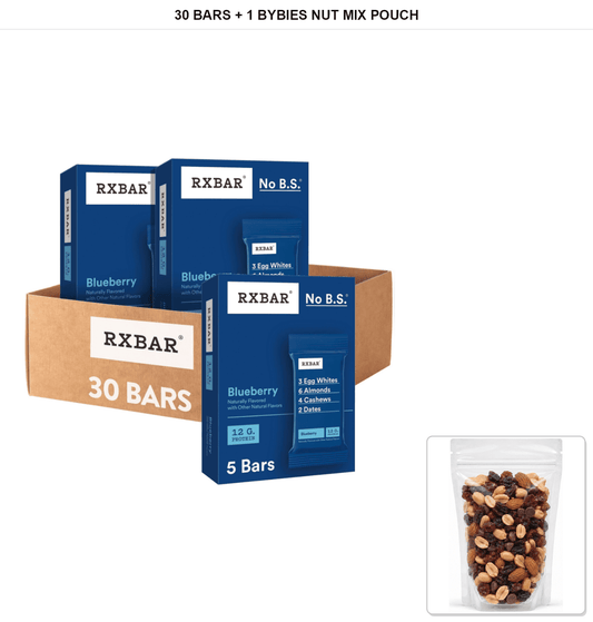 RXBAR Blueberry Protein Bars, 6 Boxes x 5 Bars, 30 Bars Total + 1x Bybies Nut Mix Pouch, 2 oz