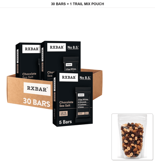 RXBAR Chocolate Sea Salt Protein Bars, 6 Boxes, 30 Bars Total with 1 Bybies Trail Mix Pouch, 2 oz