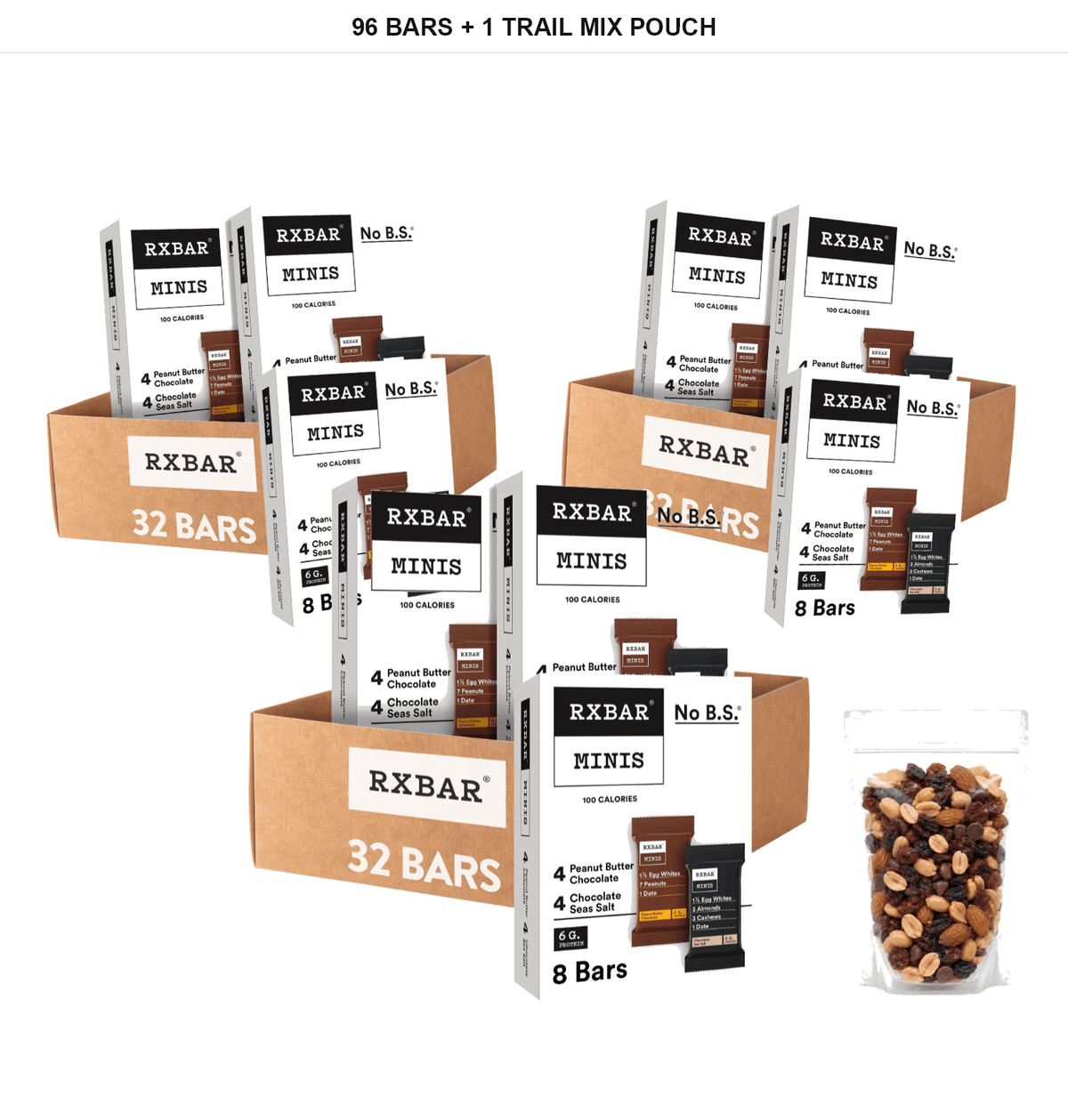 RXBAR Minis Protein Bar Variety Pack, Chocolate Sea Salt & Peanut Butter Chocolate, 4 Boxes, 32 Bars Total with 1 Bybies Trail Mix Pouch, 2 oz