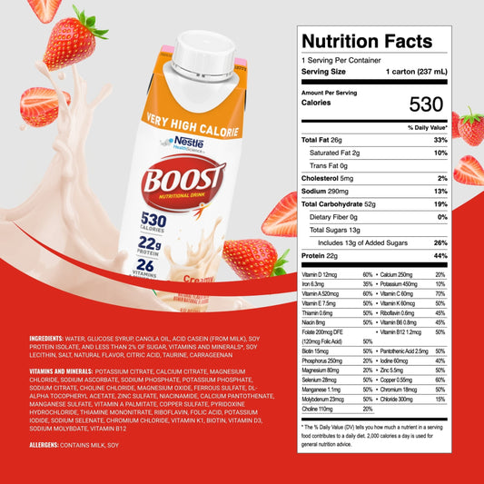 BOOST Very High Calorie Nutritional Protein Drink, Creamy Strawberry, 8 Fl oz, Pack of 24