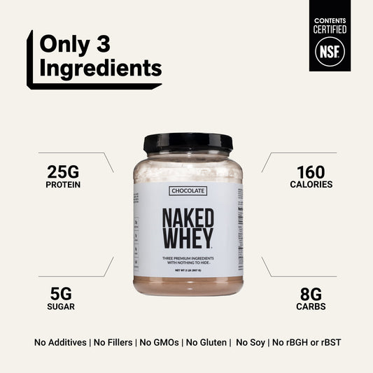Naked Whey Chocolate Protein Powder - Only 3 Ingredients - Grass Fed Whey Protein Powder, Organic Chocolate and Organic Coconut Sugar, No GMO, No Soy, and Gluten Free - 24 Servings