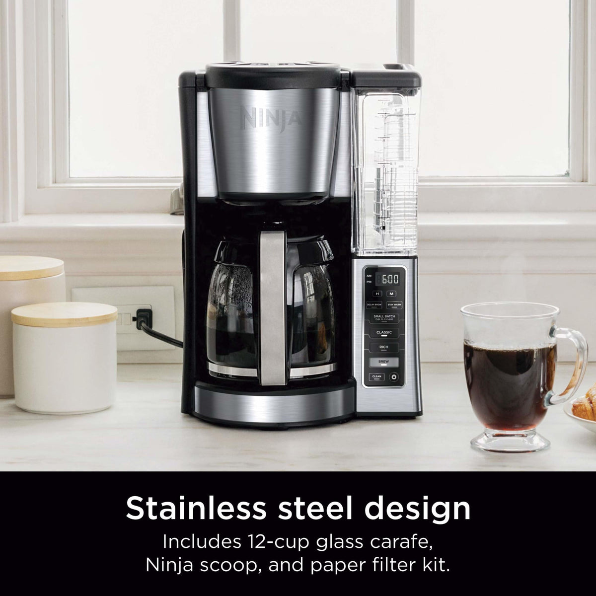 Ninja 12-Cup Programmable Drip Coffee Maker, 2 Brew Styles, Adjustable Warming Plate, CE250, Black/Stainless Steel