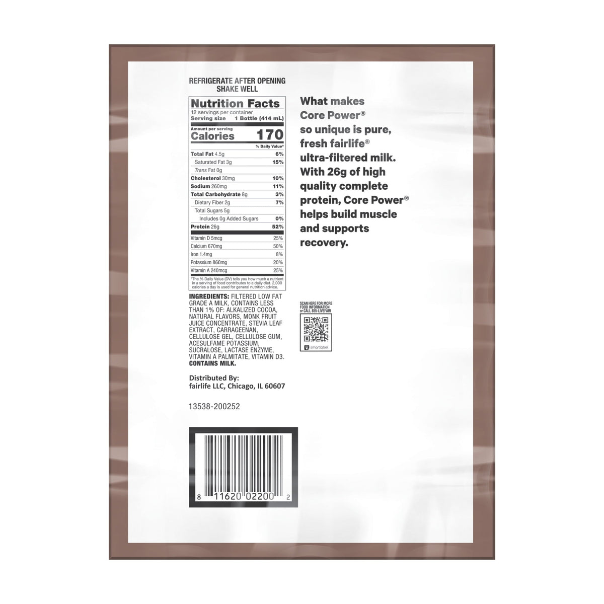 Core Power Protein Shake, Chocolate, 26g Bottle, 14oz, 12 Pack