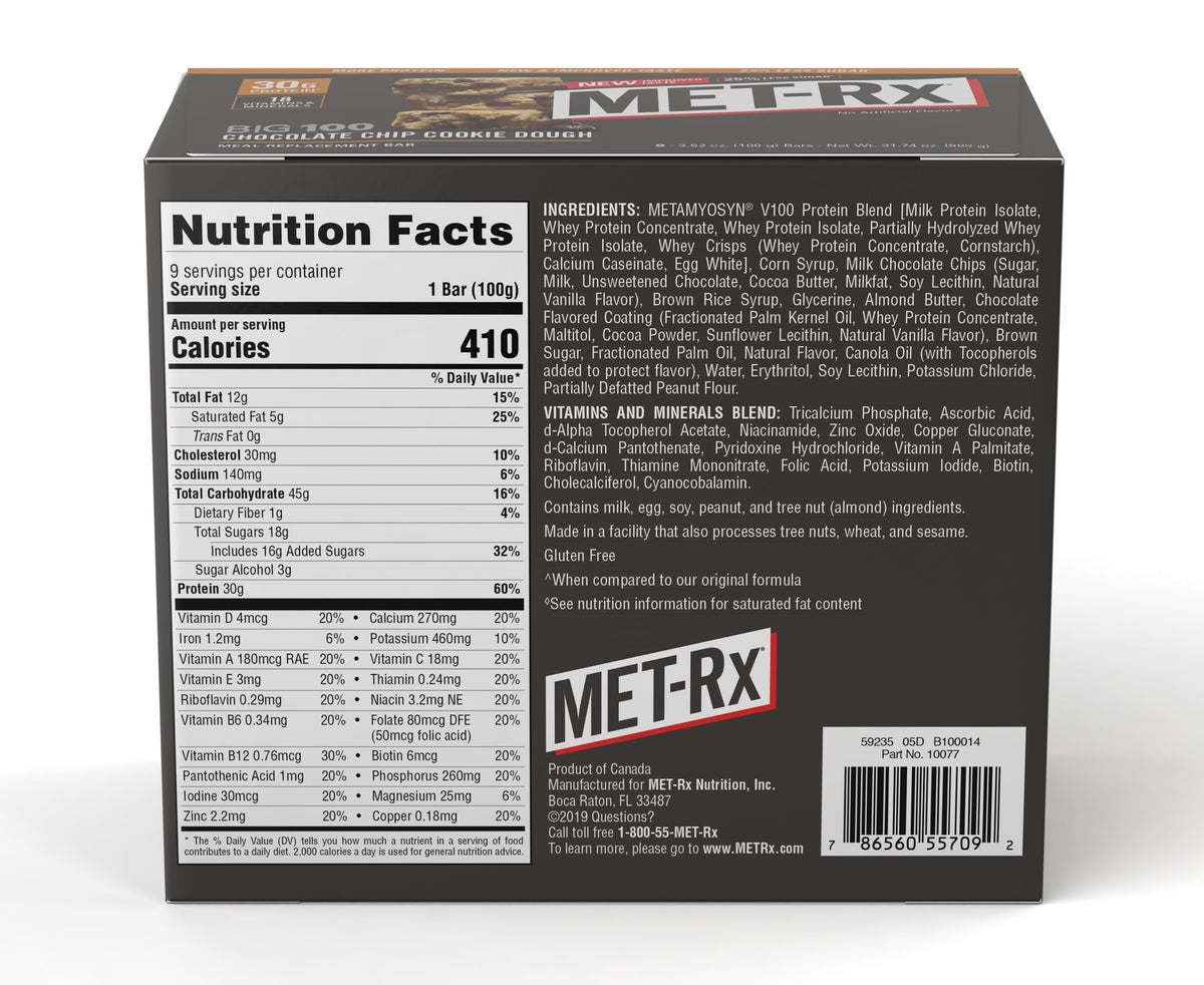 MET-Rx Big 100 Chocolate Chip Cookie Dough Meal Replacement Protein Bar, 3.52 oz., 9 Count